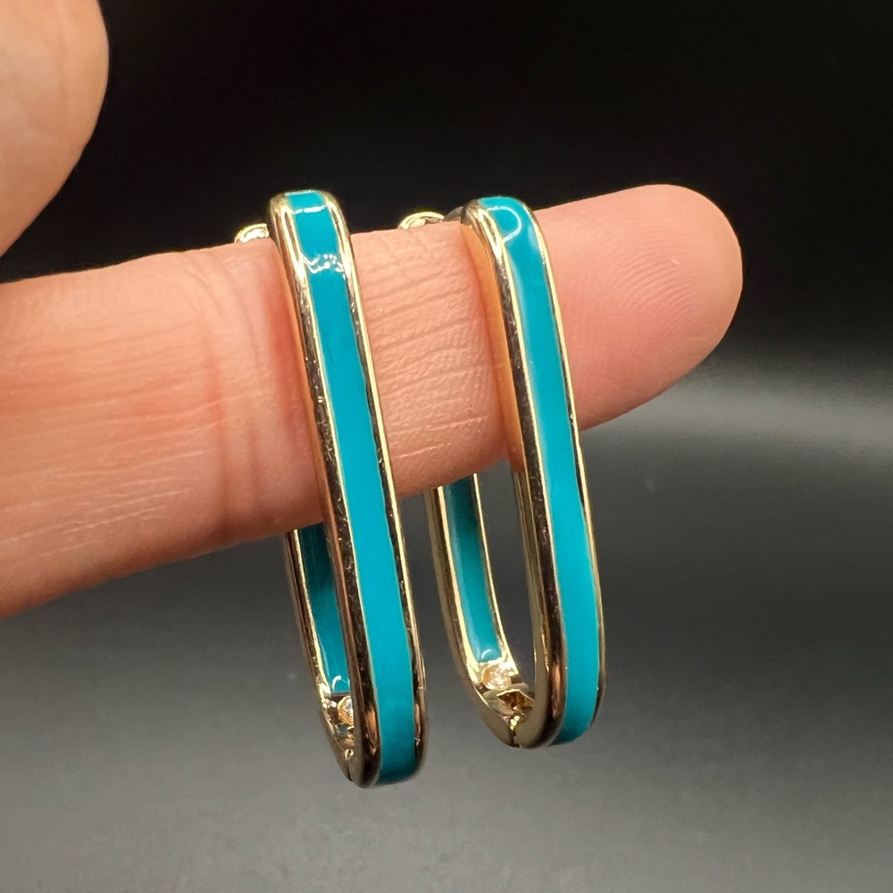 Turquoise Enamel Inlay Gold Tone Hoop Earrings